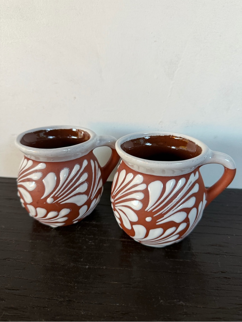 Handmade Terracotta White Floral Engobe Mugs - Set of 2